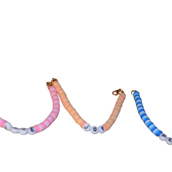 Handmade Set/3 Clay Rubber Beads Elastic Kids Bracelet Blue Pink 3" length/half - Picture 4 of 15